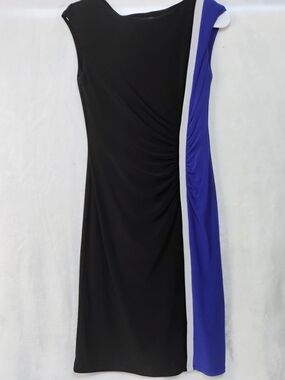 Lauren Ralph Lauren Sz 4 Black Blue Colorblock Ruched Jersey Sheath Dress R